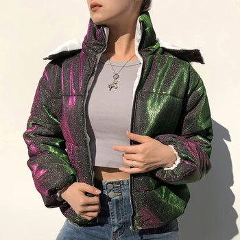 Storas Blizgučiai Blizgančiais Mados Moterų Parko Žiemos 2020 Elegantiškas, Šiltas Puffer Jacket Outwear Žėrintis Dygsniuotas Burbulas Paltai Iamhotty