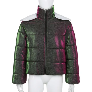 Storas Blizgučiai Blizgančiais Mados Moterų Parko Žiemos 2020 Elegantiškas, Šiltas Puffer Jacket Outwear Žėrintis Dygsniuotas Burbulas Paltai Iamhotty