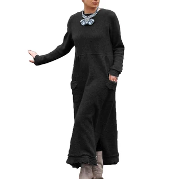 Vintage Megztinis Suknelė Moterims Rudens Žiemos Ilgos Rankovės Lacework Hem rudenį Lady Plius Dydis Suknelės Kišenės Mezgimo Maxi Suknelė