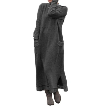 Vintage Megztinis Suknelė Moterims Rudens Žiemos Ilgos Rankovės Lacework Hem rudenį Lady Plius Dydis Suknelės Kišenės Mezgimo Maxi Suknelė