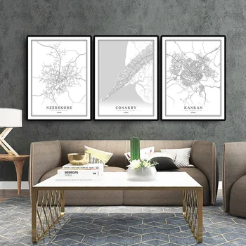 Gvinėja Kūrybos miesto žemėlapį Konakris Abstrakčios Drobės Paveikslai Juodos ir baltos Sienos Meno Spausdinti Plakato Nuotrauką Namų Puošybai