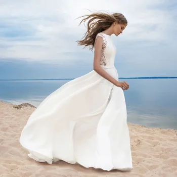 Elegantiškas Paplūdimio Vestuvių Suknelė Valtis Kaklo, Rankovių Šifono Nuotakos Suknelės Linijos Aplikacijos Vestuvių Suknelės, Chalatas De Mariage