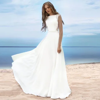 Elegantiškas Paplūdimio Vestuvių Suknelė Valtis Kaklo, Rankovių Šifono Nuotakos Suknelės Linijos Aplikacijos Vestuvių Suknelės, Chalatas De Mariage
