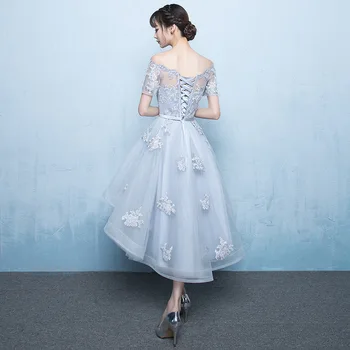YNX120# Išjungti apykaklės Bridesmaid Dresses Priekiniai trumpas galinis ilgis Gary Bordo Šampano Siuvinėjimo Vestuvės Dress Didmeninės