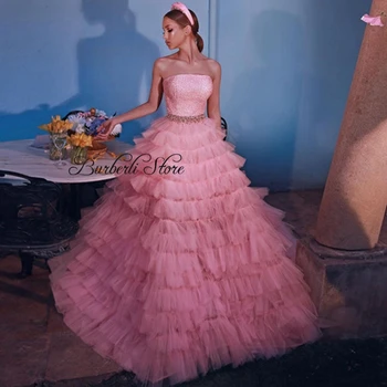 Sweet Pink, Uždusęs Pakopų Tiulio-line Mergina Dress Stebėjimo Raukiniai Princesė Dress Gimtadienio Ruched Dress Tiulio Moterų Apranga