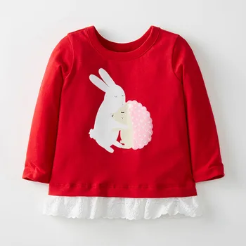 Mažai Specialistė Naujas Rudens-Pavasario Vaikai Red Rabbit Spausdinti Visą įsiūtos O-kaklo Medvilnės Megzti Merginos Nėrinių Atsitiktinis Marškinėlius
