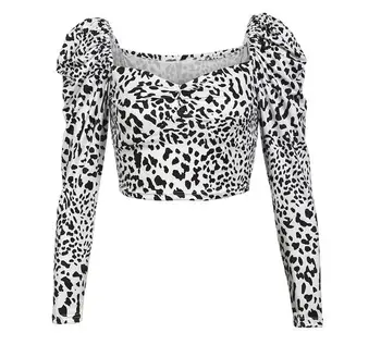 UK Moterys Samtelis Kaklo Leopard Viršūnes Atsitiktinis ilgomis Rankovėmis Palaidinė Vasaros Streetwear