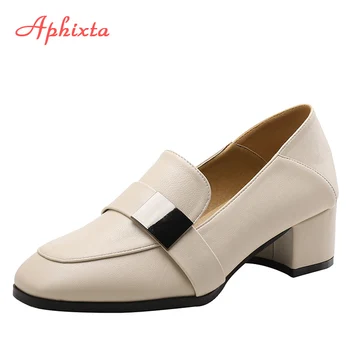 Aphixta Moterų Oda Siurbliai Pavasario Storio Hees Batai 4.5 cm, Kulno Retro Moterų batai Dvigubos Paskirties Britų Stiliaus Avalynė