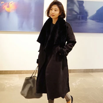 2020 m. žiemos moterys netikrą verstos odos viršutiniai drabužiai ilgai dirbtiniais ėriukų vilnos shearling paltai kratinys diržo netikrą avikailio kailis juodas A182