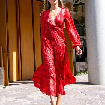 HF Nemokamas Pristatymas Aukščiausios Kokybės Ilga Suknelė Moterų V-Kaklo Mados 2 Spalvos Naktinis Klubas ilgomis Rankovėmis Elegantiškas Šalis Suknelė Raudona Juoda Sexy