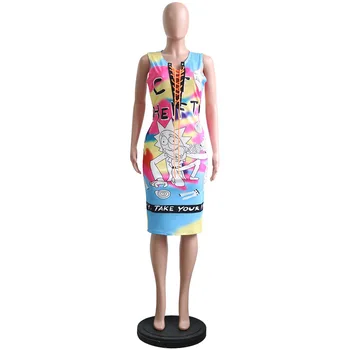 Animacinis Personažas Laišką, Print T Shirt Dress Moterų Kryžiaus Nėrinių Aukšto Juosmens Apvalkalas Suknelė Vasaros Moteriška Šalis Suknelės Be Rankovių
