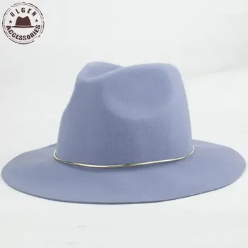 Naujas Mados moteriški fedora skrybėlę šviesos spalva vilna platus kraštų fedoras skrybėlę moterų floppy panama Džiazo skrybėlę su aukso žiedas