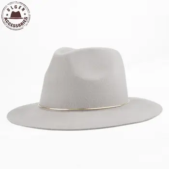 Naujas Mados moteriški fedora skrybėlę šviesos spalva vilna platus kraštų fedoras skrybėlę moterų floppy panama Džiazo skrybėlę su aukso žiedas