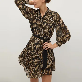 2020 Za Metaliniu Sriegiu Spausdinti Mini Suknelė Moterims Ilgio Sluoksniuotos Rankovėmis O Kaklo Lankas, Derliaus Šalis, Suknelės, Elegantiškos Priekiniai Mygtuką Trumpas Vestido