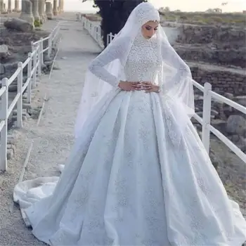 2021 Musulmonų Vestuvių Suknelė su Hijab ilgomis Rankovėmis Nėrinių Appliqued Valymo Traukinio Vestuvinės Suknelės Vestido De Novia