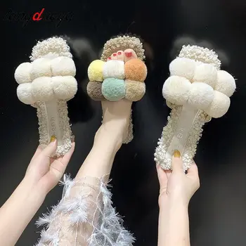 Romos Stiliaus Moterų Retro Šlepetės Vasaros Minkštas pūkų kamuoliuką Laisvalaikio Bateliai Lauko Plus Size Šlepetė, Minkštas Pliušinis Žiemą, rudenį Chaussures