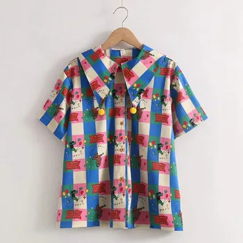 Mielas Klounas Apykaklės Skara trumpomis Rankovėmis Palaidinė Vintage Stiliaus Marškinėliai Moterims