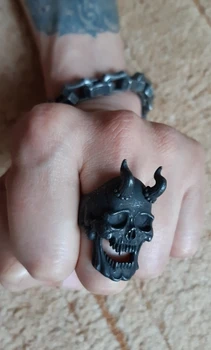 Retro Juoda, Nerūdijančio Plieno, Demonas Kaukolės Žiedas Raguotas Šėtonas ir Velnias Dviratininkas Žiedai, vyriški Goth Punk Piršto Žiedą