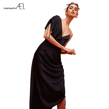 AEL Giliai V kaklo, Vieną Petį Asimetrinė Suknelė Moterims Seksualus Teismas Šalis Suknelės Aukštos Kokybės Satino Suknelė 2019 Tamsiai Mėlyna