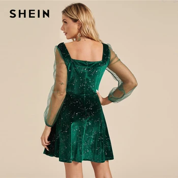 SHEIN Galaxy Spausdinti Priešingai nei Vien Akies Rankovės Kalėdų Aksomo Suknelė Moterims Pavasario Kvadratinių Kaklo Linija Šalies Trumpas Užsiliepsnojo Suknelės