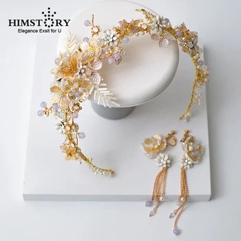 Europos Aukso Butterfly Vestuvių Hairband Rankų Darbo Gėlių Lapų Zawalcowany Kristalų Brides Hairbands Vestuvių Kaspinai Priedai