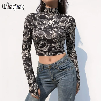 Waatfaak Dragon Spausdinti Mall Goth Pasėlių Top marškinėliai Moterims Pagrindinio Harajuku Golfo Long Sleeve Black Marškinėliai Pavasario Tee Marškinėliai 2021