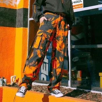 Laisvas Camo Krovinių Kelnės Kišenės Streetwear Orange Hip-Hop Sweatpants Kaklaraištis Dažų Harajuku Fitneso Capris Kelnės Korėja