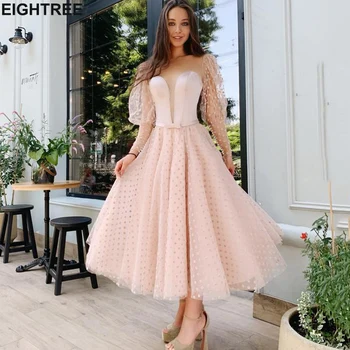 Eightree Princesė Pink Trumpas Prom Dresses V Kaklo Sluoksniuotos Rankovėmis-Line Vakaro Suknelės Dot Tiulio Arbata-Ilgis Oficialią Šalies Chalatai