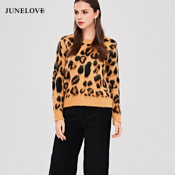 JuneLove moterų Sexy, leopardas megzti megztinis žiemą moterų ilgomis rankovėmis puloveriai jumper ponios Atsitiktinis plius dydis streetwear viršūnės