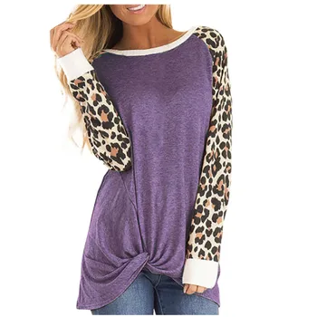 Moterų Mados Prarasti ilgomis Rankovėmis O-kaklo Atsitiktinis Leopard Print T-shirt Palaidinė Viršūnes Naujas Mados Gatvė Camiseta Mujer