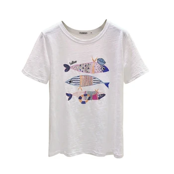 Gkfnmt Moterų Vasaros Laisvalaikio T-Shirt China Siuvinėjimo Purpurinis Rožinis Baltas Medvilnės Marškinėlius trumpomis Rankovėmis Žuvų Viršūnes Aukštos Kokybės Drabužius