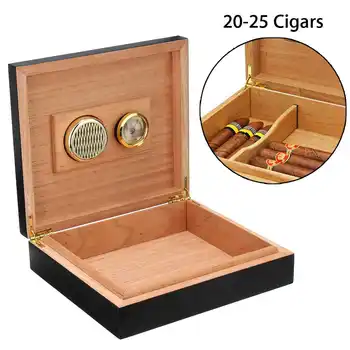 20-25 Count Black Kedro Medžio Liniuotas Cigarų Humidoras Drėkintuvas Su Drėgmėmačiu Atveju Drėkina Prietaiso Dėžutė su Drėgmės Matuoklis