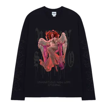QWEEK Gotikos Moteris Tshirts Mados Derliaus Spausdinimo Femme marškinėliai ilgomis Rankovėmis Prarasti Viršūnes Streetwear Atsitiktinis Gatvės Marškinėliai