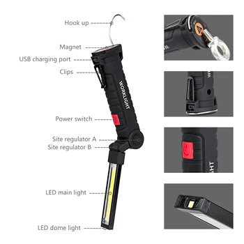 1*COB LED lempa USB Įkraunama integruota Baterija LED Šviesos su Magnetu Nešiojamas Žibintuvėlis Lauko Kempingas Darbo Fakelas