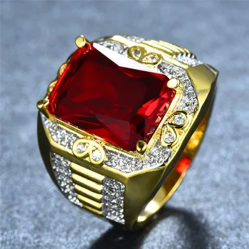 Luxe Stiliaus Vyrų Big Red Akmens Žiedas Mados Geltonos Aukso Pažadas Žiedas Senovinių Vestuvių, Sužadėtuvių Žiedai Vyrams, Moterims, CZ Papuošalai