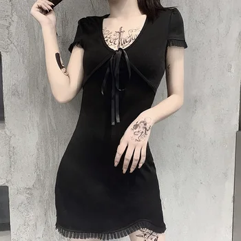InstaHot kutas gotikos mini suknelė trumpomis rankovėmis vasarą moterys juoda aysmmetric nėrinių v kaklo šalies klubas atsitiktinis moterų suknelė 2020 m.