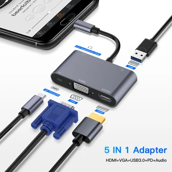 5 in 1, USB, C HDMI 4K VGA Adapteris 3,5 jungtis, USB 3.1 C Tipo VGA HDMI Konverteris Video Adapteris 