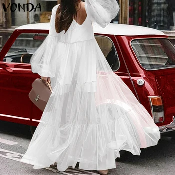 VONDA Plius Dydžio Baltos spalvos Nėrinių Suknelė Moterims 2021 M. Rudenį Seksualus V-Kaklo Aukštos Juosmens Žibintų ilgomis Rankovėmis Šalis Suknelė Vasarą Ilgai Vestido