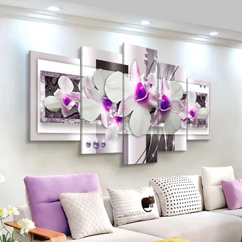 5 vnt Drobė, Tapyba Violetinė Orchidėjų Žiedų Plakatai ir Spausdina Modulinės Nuotraukas Didelis Modernus Sienos Meno Kambarį Namų Dekoro