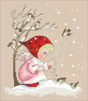 Maža mergaitė, šėrimo paukščių kryželiu rinkinys animacinių filmų mergina žiemą dizaino 14ct lino linų spalvos drobė siuvinėjimui 