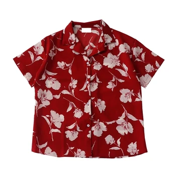 QWEEK Vintage Palaidinė Moterų Retro Gėlių Spausdinti Marškinėliai 2021 M. Vasarą trumpomis Rankovėmis Šifono Palaidinė Elegantiškas Paplūdimio Stiliaus Streetwear Chic