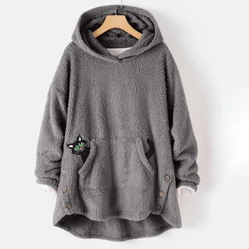 Plius Dydžio Vilnos Katė Siuvinėjimo Sweatershirt Negabaritinių Šiltas Hoodie Mygtuką Ilgas Megztinis Moterų Žiemą Šiltas Kišenėje Viršūnes 2021