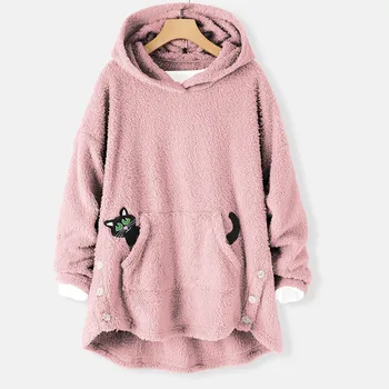 Plius Dydžio Vilnos Katė Siuvinėjimo Sweatershirt Negabaritinių Šiltas Hoodie Mygtuką Ilgas Megztinis Moterų Žiemą Šiltas Kišenėje Viršūnes 2021