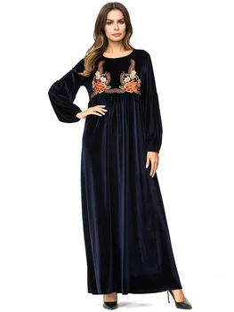 TUHAO Aksomo Žiemos Suknelė Moterims Gėlių Aplikacija Aukšto Juosmens Ilga Suknelė Musulmonų Atsitiktinis Rūbeliai Bohemijos Maxi Suknelė TA7225