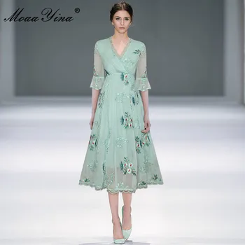 MoaaYina Mados Dizaineris suknelė Vasaros Moterų Suknelė V Kaklo Siuvinėjimo Elegantiškas Šifono Suknelės