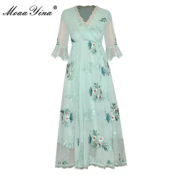 MoaaYina Mados Dizaineris suknelė Vasaros Moterų Suknelė V Kaklo Siuvinėjimo Elegantiškas Šifono Suknelės