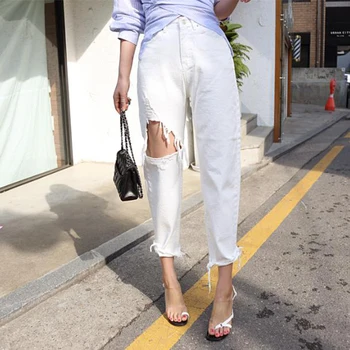 Balti Džinsai Moterims Aukšto Juosmens Neveikiančių Skylę Pakraštyje Hem Moterų Haremas Džinsinio Džinsus 2019 Streetwear Moterų Džinsinio audinio Kelnės