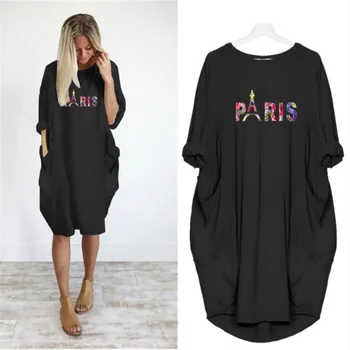 2020 Eifelio Bokštas Letter Spausdinimo Suknelė Plius Dydžio Šalies Moterų Suknelės Kišenėje Ilgomis Rankovėmis Streetwear Derliaus Paplūdimio Femme Vestidos