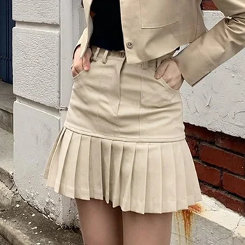 Muyogrt Chaki Klostuotas Trumpas Sijonas Moterų Atsitiktinis High Waisted Mini Sijonas Ponios Preppy Stilius Korėjos Mados Trumpas Sijonas 2020 M.