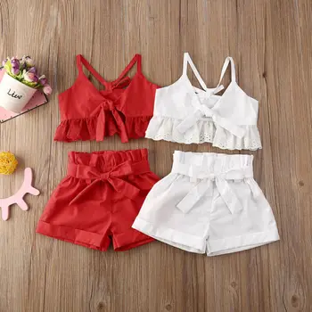 Vaikams vaikiška mergaitė vasara dviejų dalių rinkinys drabužiai be rankovių nėrinių viršų šortai vaikams baby girl vasaros apranga